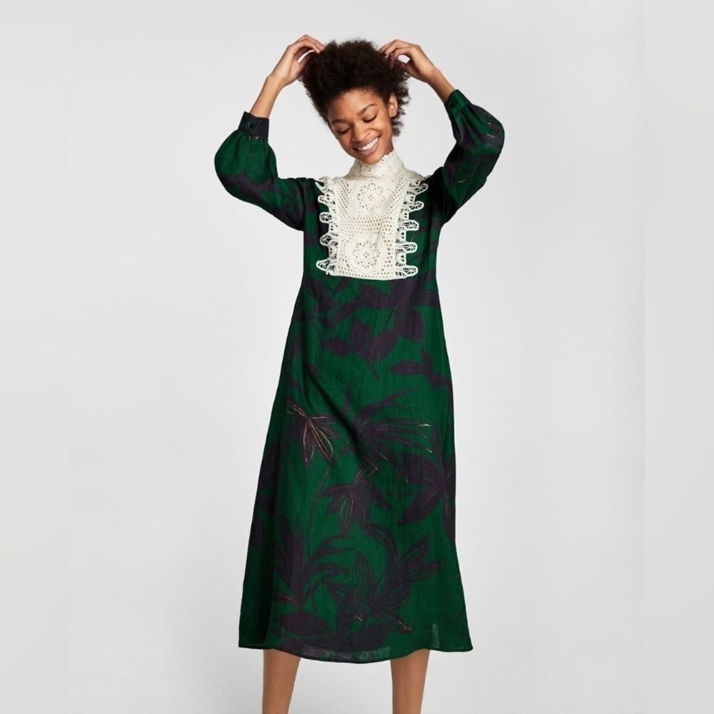 Zara Green Linen Palm Leaf Crochet Accent Midi Dress Small - Picture 3 of 16